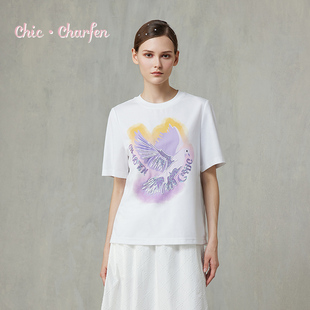 CHARFENChic短袖印花圆领百搭T恤女休闲上衣手绘风CFF1C538-5050B