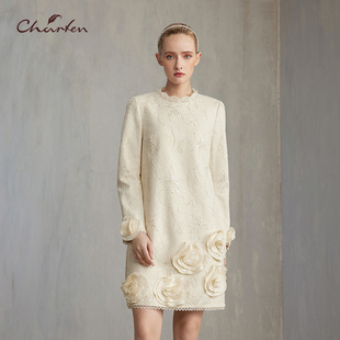 CHARFEN轻奢优雅风立体花朵连衣裙长袖 8032G 蕾丝设计感CFE5F819