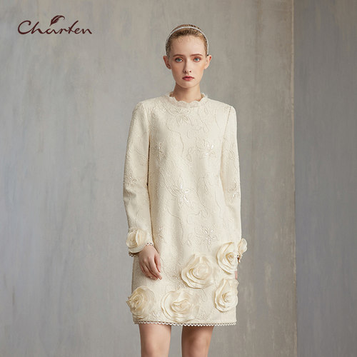 CHARFEN轻奢立体花蕾丝连衣裙