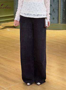 CHARFEN老钱风黑色阔腿裤宽松直筒休闲裤高腰显瘦CFF2C923-9028D