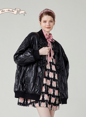 CHARFEN时尚设计感皮棉服女黑色立领拉链保暖外套CFE1A509-5012O