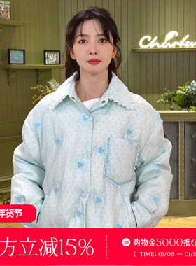 CHARFEN衬衫翻领羽绒服女短款小花刺绣轻薄羽绒服CFE5D336-3130Y