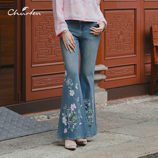 CHARFEN复古高腰微喇牛仔裤女刺绣花朵长裤喇叭裤CFF1A816-8009P
