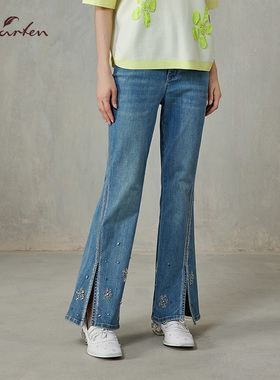 CHARFEN刺绣微喇牛仔裤女开叉长裤百搭时尚显瘦裤子CFF1D353-3097