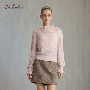 3097C 甜美减龄镂空针织套头上衣女CFE5E351 CHARFEN2024冬季 新款