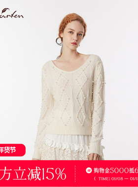 CHARFEN法式优雅V领长袖针织衫女米菱形毛衣上衣CFF3D315-3092C