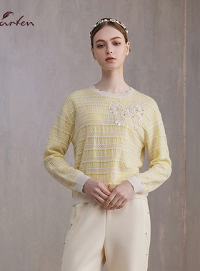 CHARFEN春季新款时尚百搭显瘦重工蝴蝶钉珠针织衫CFE3B331-3039C