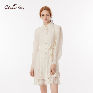 CHARFEN秋季新款时尚百搭蕾丝刺绣花边收腰连衣裙CFF3C152-1097G