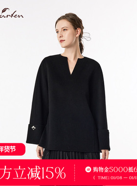 CHARFEN极简风V领毛呢外套中长款黑色百搭通勤大衣CFF3B011-0032A