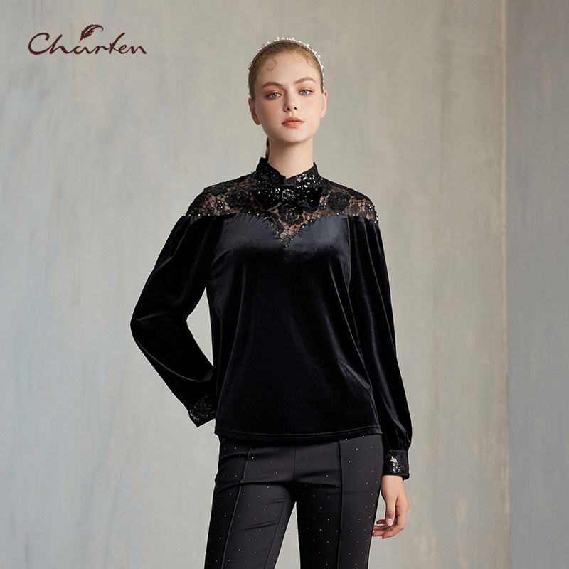 CHARFEN复古蕾丝拼接丝绒衬衫