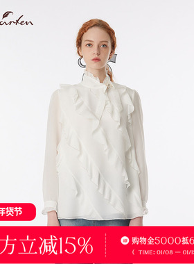 CHARFEN复古荷叶边白色衬衫长袖立领褶皱华丽上衣CFF3D352-3078T