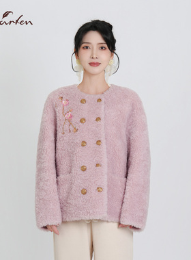 CHARFEN绵羊毛短款皮草外套女双排扣刺绣毛毛大衣CFF5A985-U027M