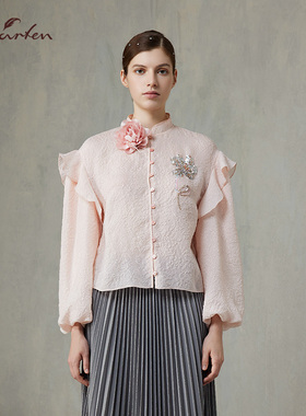 CHARFEN淑女风荷叶边衬衫女长袖刺绣花朵上衣甜美CFF1B055-0067T