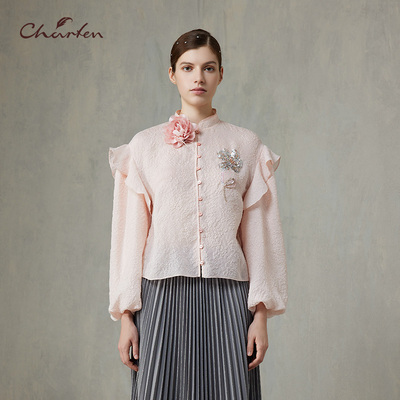 CHARFEN甜美荷叶边刺绣长袖衬衫