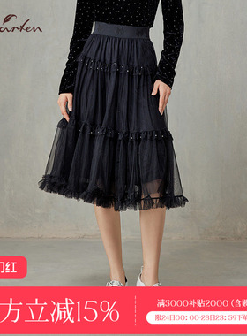 CHARFEN黑色网纱蛋糕裙高腰显瘦层次感半身蓬蓬裙CFF1A568-5075E