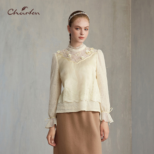 CHARFEN甜美少女风蕾丝拼接立领针织衫 3027B 女气质上衣CFE5F321
