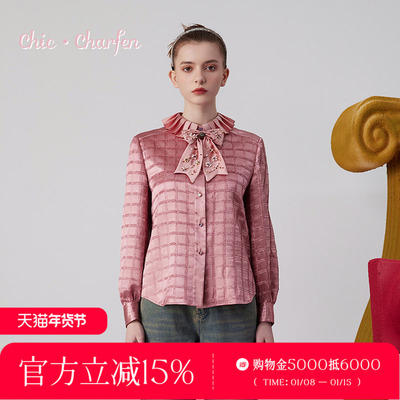 CHARFEN淑女复古格纹领结衬衫