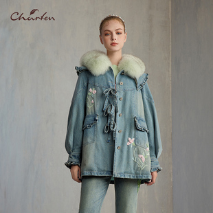 8018N 重工刺绣钉珠牛仔派克服羽绒CFE5F809 CHARFEN2024冬季 新款