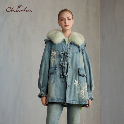 重工刺绣钉珠牛仔派克服羽绒服