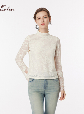 CHARFEN秋季新款时尚百搭半高领蕾丝打底衫女上衣CFF3B156-1090B