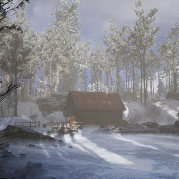 UE5冬季森林冬天雪景山谷木屋Taiga Biome Environment