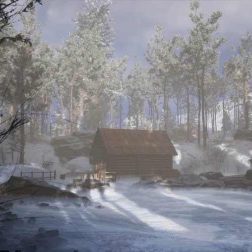 UE5冬季森林冬天雪景山谷木屋Taiga Biome Environment