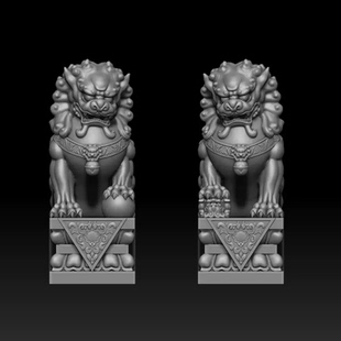 门墩一对吉祥卷毛狮子印章摆件圆雕图精雕STL立体模型3D打印素材