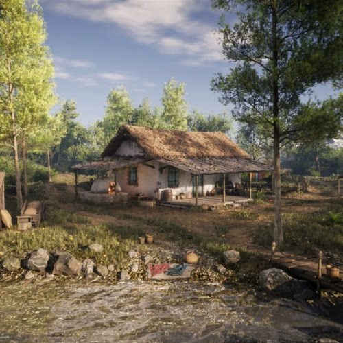 UE5.2写实森林乡村小路河边小桥房屋木屋水车Spanish Cottage