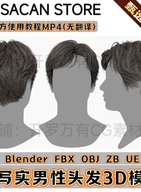 3DScanStore写实毛发男性插片头发韩风成熟短发3D模型Blender FBX