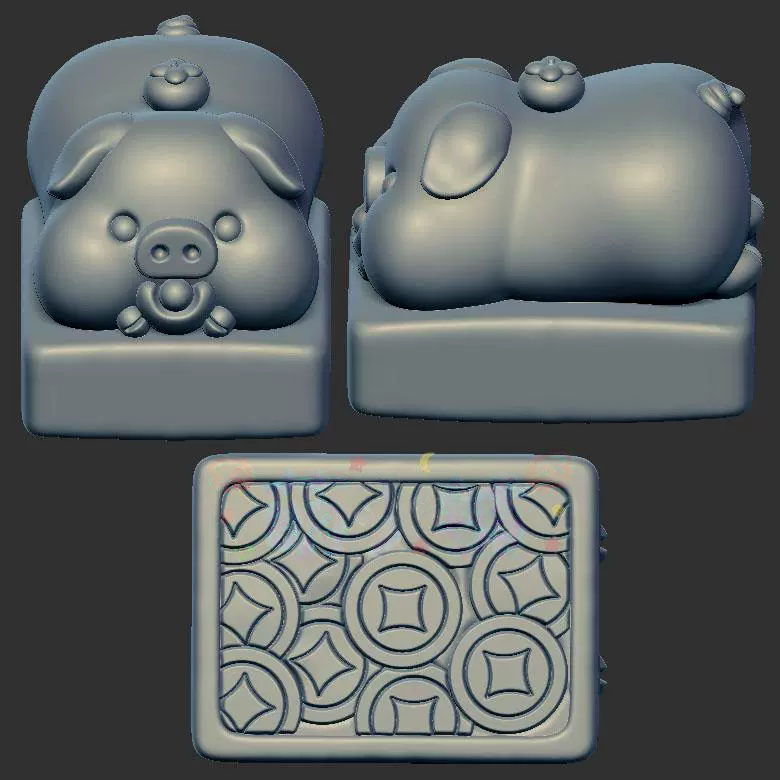 铜钱元宝趴趴猪三维立体图3d打印stl文件圆雕图雕刻机3d模型2411