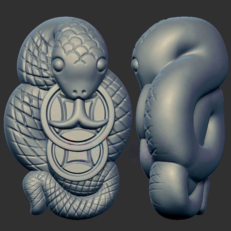 铜钱蛇招财小蛇三维立体图3d打印stl文件圆雕图雕刻机3d模型2342