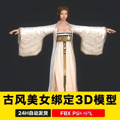 blender 3dmax古风古代宫女美女人物角色侍女带骨骼绑定3D模型C4D