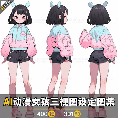 AI卡通动漫人物三视图 可爱女孩角色插画设定素材 游戏美术资源
