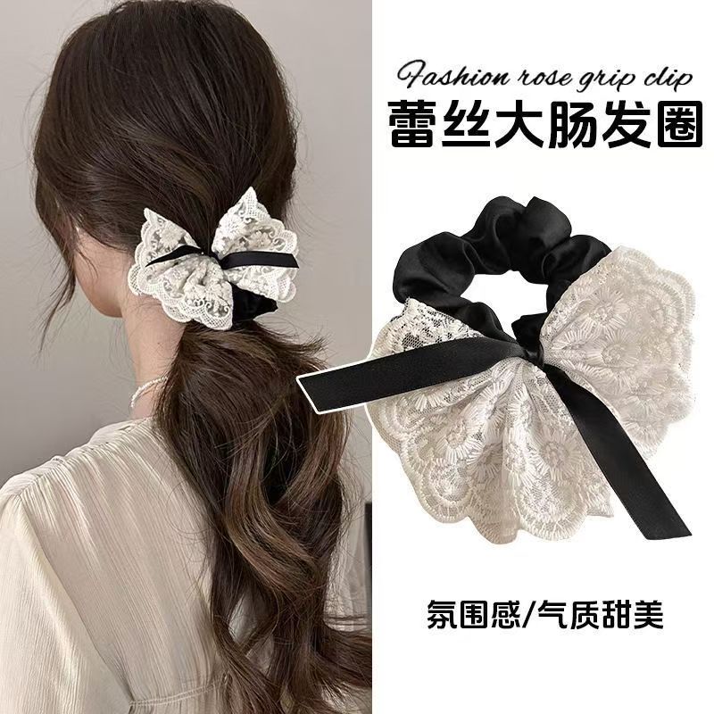 简约女生扎头白色蕾丝蝴蝶结大肠发圈头饰布艺新款高级感韩版韩系