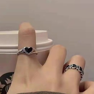 暗黑复古戒指韩国黑色嘻哈酷爱心开口ins简约小众新款指环戒指环