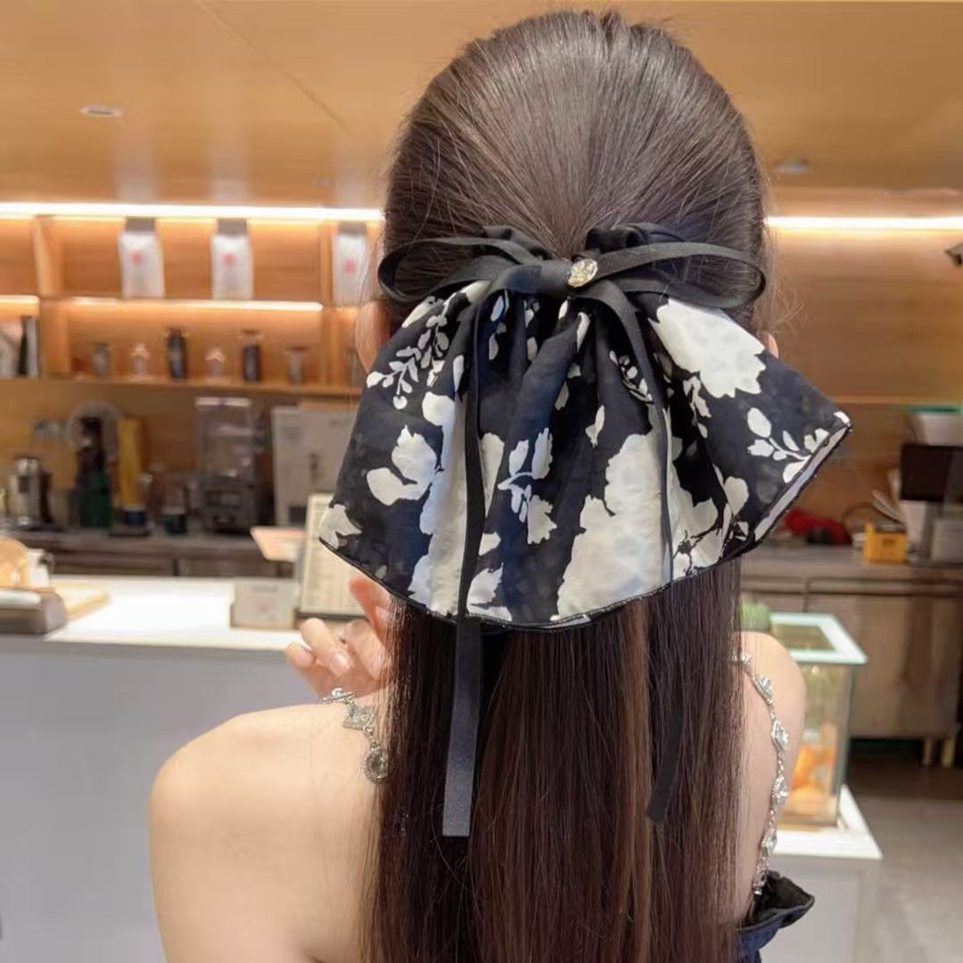 法式复古优雅水墨印花蝴蝶结发圈气质温柔淑女低马尾发绳百搭头绳