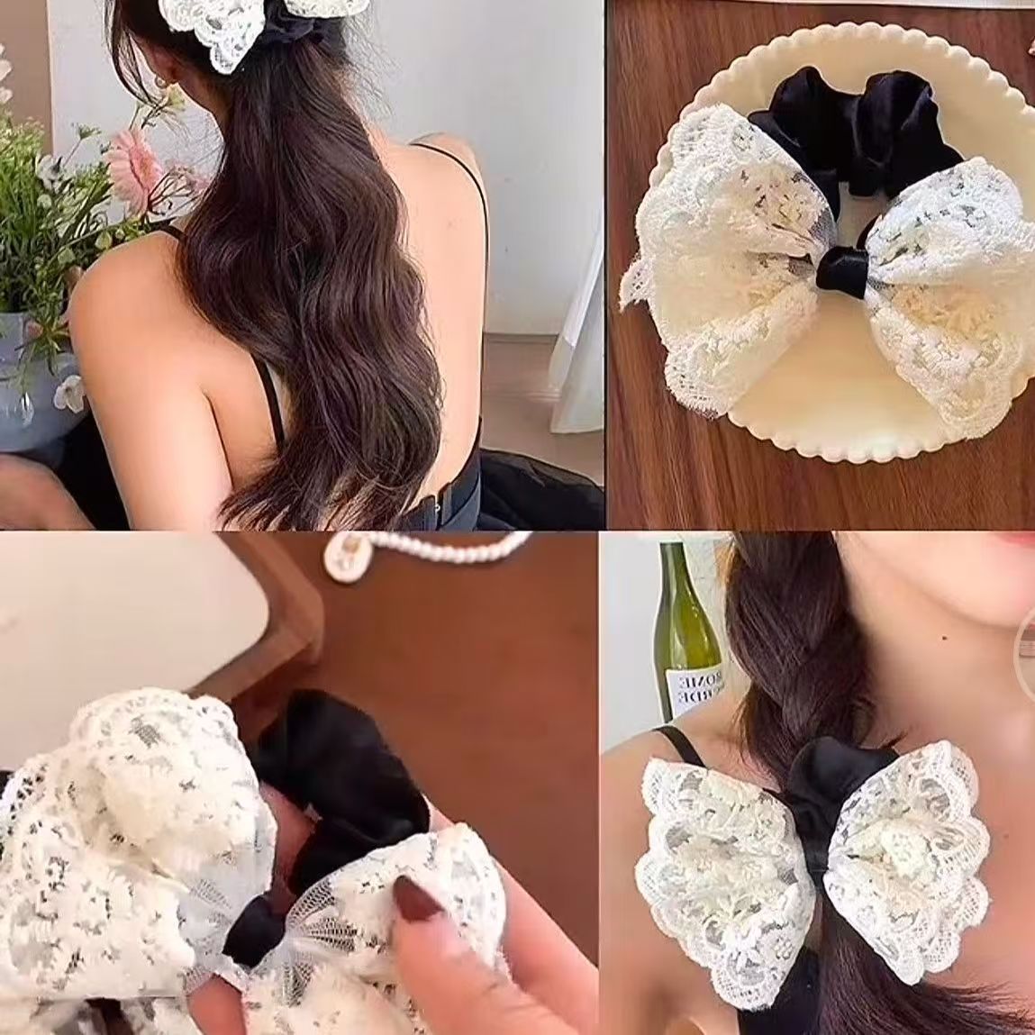 复古小香风蝴蝶结蕾丝大肠发圈白色韩版新款头饰女生扎头布艺发绳