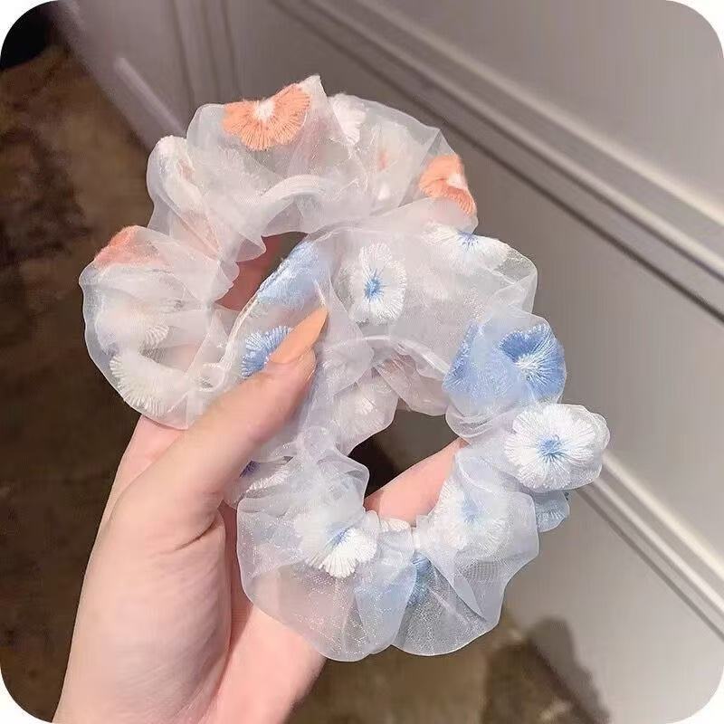 夏天小清新法式网红发圈猪大肠圈少女可爱刺绣花朵头绳欧根纱高级