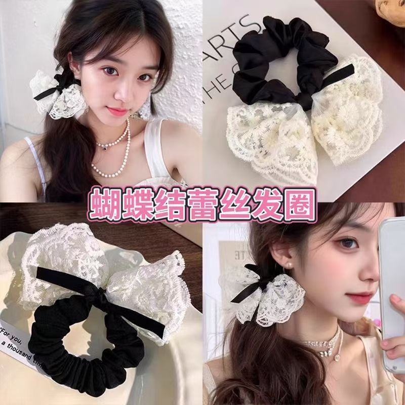 新款蕾丝蝴蝶结大肠发圈白色韩版头饰温柔小香风女生扎头布艺发绳