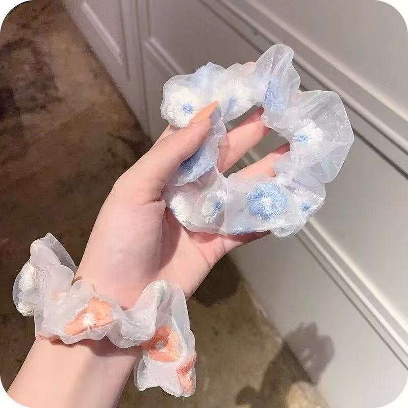 网红发圈夏天小清新猪大肠圈少女可爱刺绣花朵头绳欧根纱高级