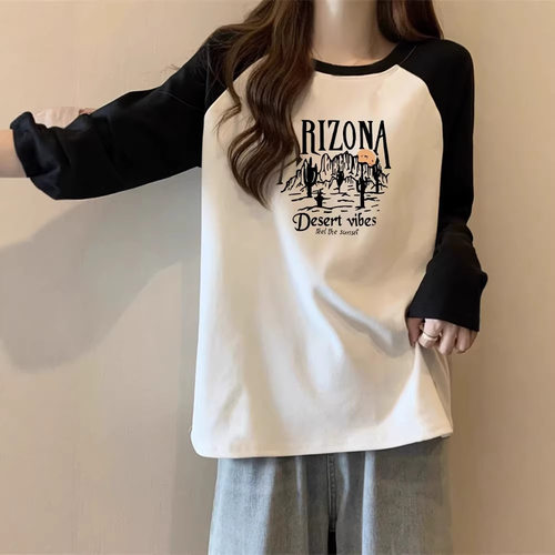 初秋宽松美式纯棉插肩长袖T恤女内搭打底衫外穿秋衣减龄上衣潮ins