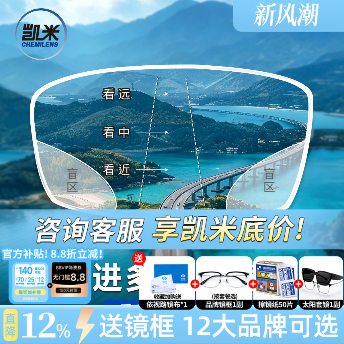 凯米内渐进U6防蓝光老花镜片