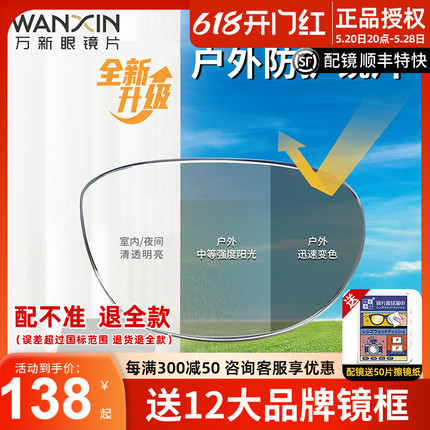 万新变色+防蓝光镜片膜变变色室内户外有效防护 变色近视眼镜片