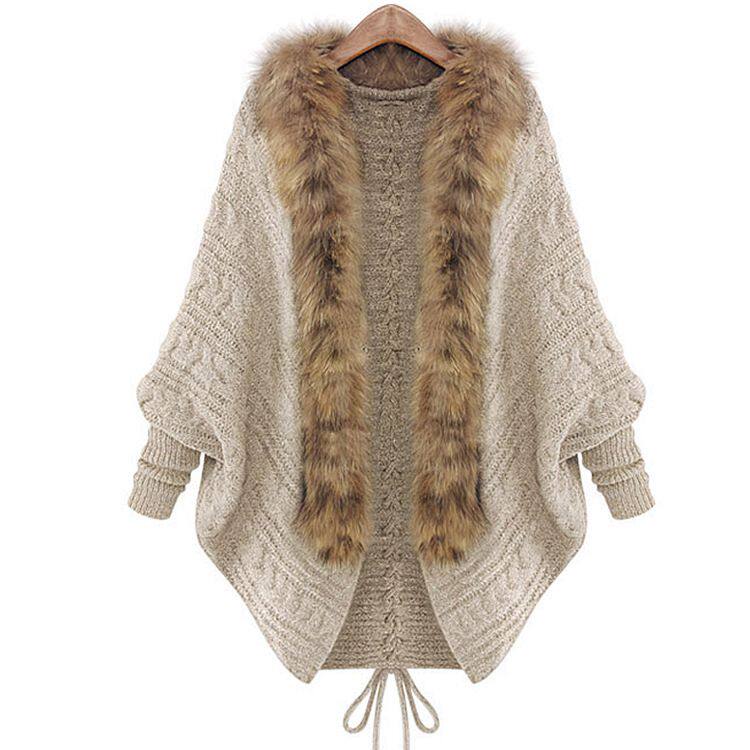 新款秋冬装欧美毛领针织廋人披肩斗篷保暖宽松外套麻花蝙蝠袖开衫