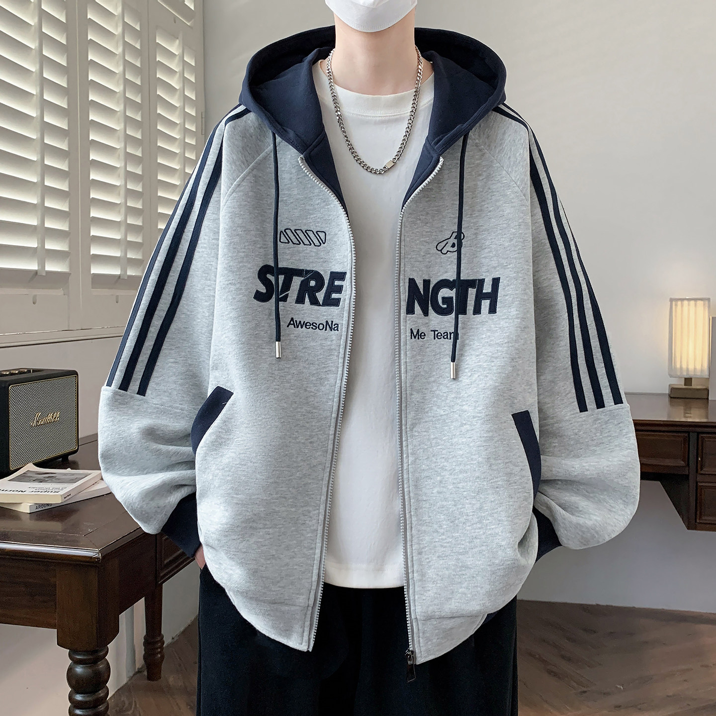 春秋款连帽卫衣开衫男孩青少年潮流帅气外套初中高中学生大童上衣