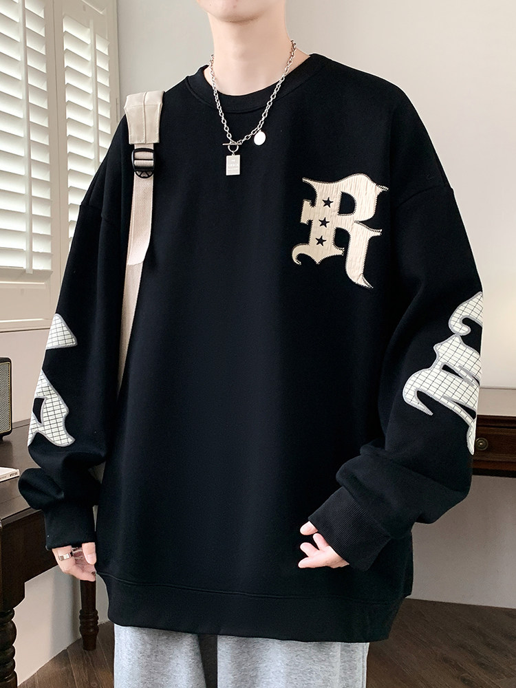 春秋款圆领卫衣男生潮牌宽松痞帅青少年初中高中学生大童长袖t恤
