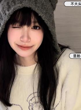 可爱小熊帽子女秋冬季2024新款百搭保暖毛线帽灰色毛绒护耳针织帽