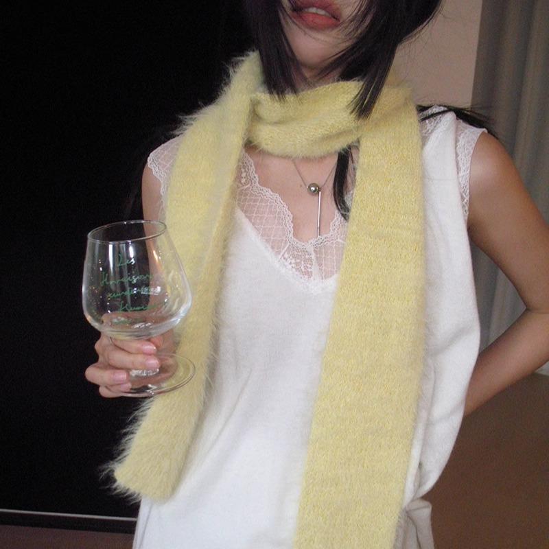 韩版秋冬毛茸茸围巾毛绒长款细女保暖凹造型百搭针织窄版软糯围脖