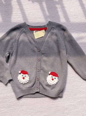 100码清货 外贸男童圣诞老人灰色织花V领短款针织开衫毛衣外套
