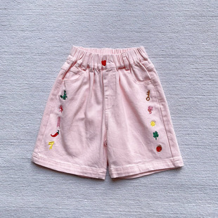 140 短裤 150码 女童松紧腰粉色软纱卡绣花五分裤 特价 110